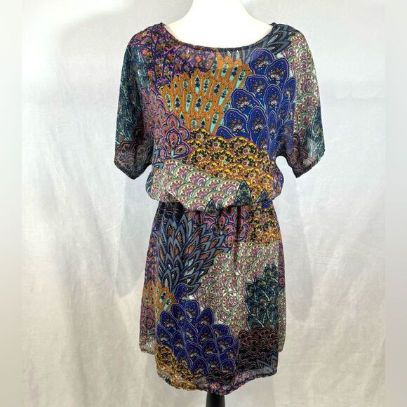 Beautiful colors peacock feather print dress size small - Picture 1 of 5